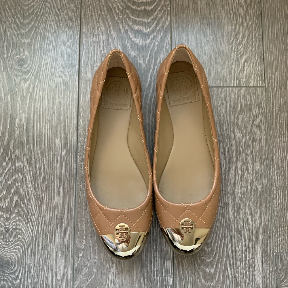 Tory Burch Kaitlyn Quilted Flats Tan and Golf
